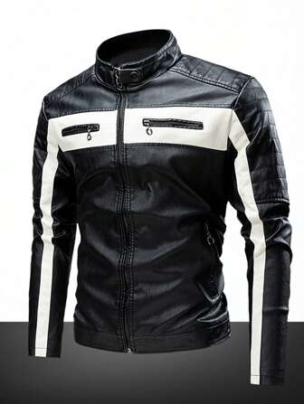 Men Long Sleeve Colorblock Zip Up PU Leather Jacket, Fall/Winter