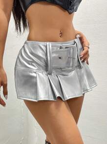 VaVaBold Metallic Sheen & Eyelet Design Pleated Hem Skirt - Silver - View 4