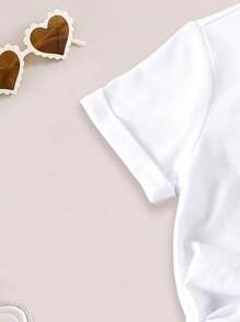 Girls' White Round Neck Loose Comfortable Paris Eiffel Tower Print T-Shirt, Suitable For Summer, Student, Casual, Fashionable - White - View 3