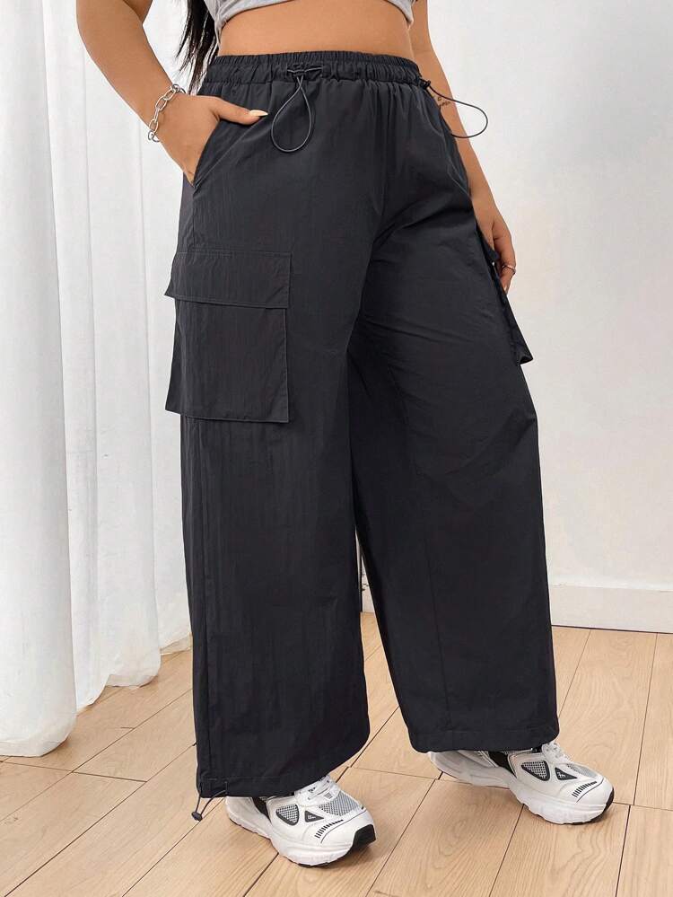 Plus Size Solid Color Drawstring Cargo Pants