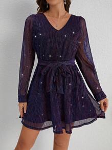 SHEIN Frenchy Women's V-Neck Mesh Long Sleeve Sparkly Dress - Purple - View 6