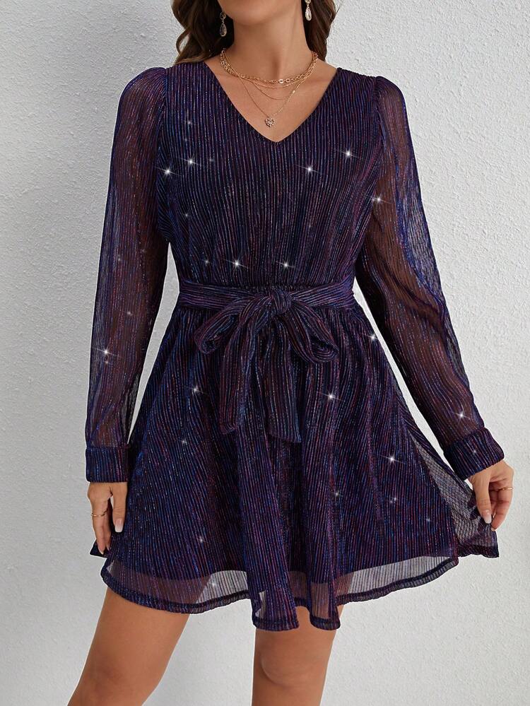 Women's V-Neck Mesh Long Sleeve Sparkly Dress