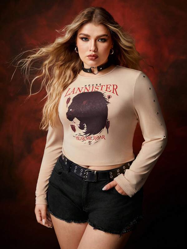 Game of Thrones X SHEIN Plus Size Animal Print Long Sleeve Studded Detail Crop T-Shirt