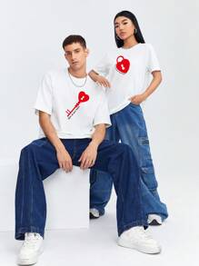 Manfinity Hypemode 1pc Men's White Pattern Printed Short Sleeve Knit T-Shirt - White - View 2