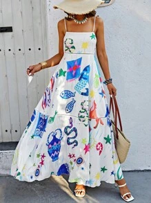 SHEIN Holidaya Seabed Animal Print Spaghetti Strap Dress Maxi Women Outfit - White - View 7
