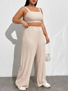 SHEIN EZwear Conjunto De Top Corto Y Pantalones Para Mujeres De Talla Grande - Albaricoque - Ver 5