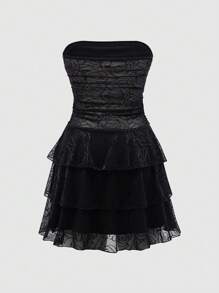 SHEIN Sweetro 女士提花褶皺無肩帶裙 - 黑色 - 查看 2