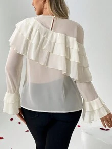 SHEIN Privé Solid Color 3d Floral Decorated Ruffle Trim Blouse