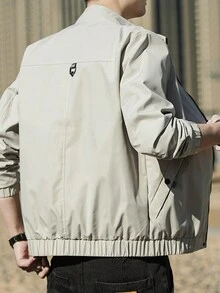 Men's Casual Jacket With Letter Print, Stylish Stand Collar Korean Version Outerwear - Khaki - View 2