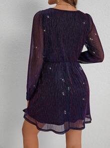 SHEIN Frenchy Women's V-Neck Mesh Long Sleeve Sparkly Dress - Purple - View 2