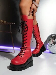 女款時尚厚底純色中筒坡跟靴 - 玫紅色 - 查看 4