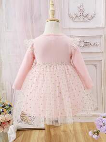 SHEIN 年轻女孩可爱独角兽印花网眼撞色连衣裙 - 粉色 - 查看 2