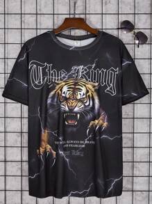 Teenage Boys' Tiger Print Slogan Round Neck T-Shirt - Black - View 1