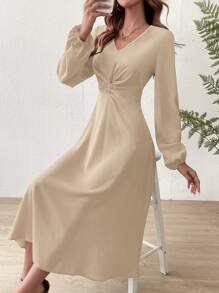 Chiquease Deep V-Neck Waist Twist Lantern Sleeve Dress - Apricot - View 5