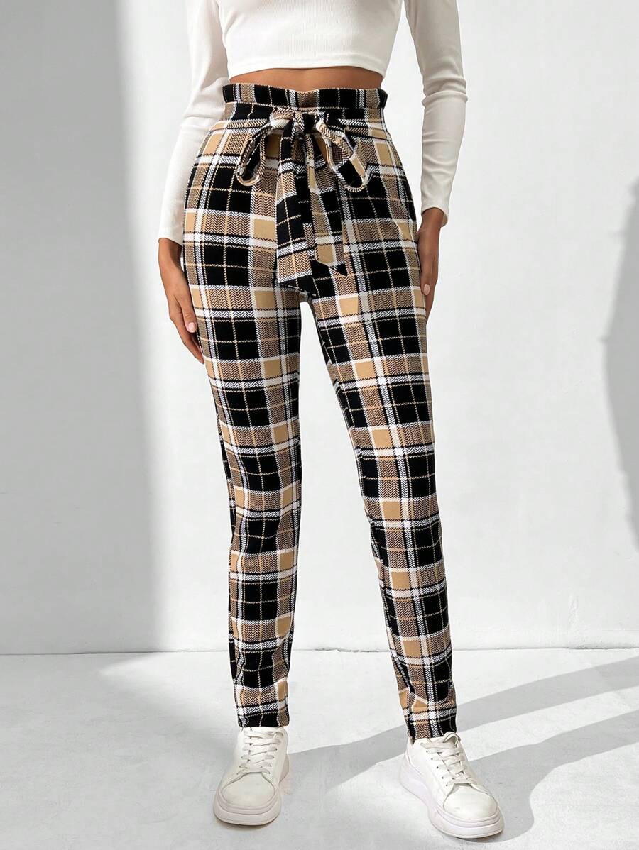SHEIN Tall Women'S Slim Fit Plaid Pants - Khaki - View 1