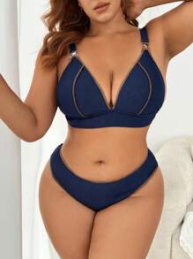 SHEIN Swim Curve Plus Size Women's Contrast Stitching Body-Separate Bikini Set Summer Beach - Blue - View 1