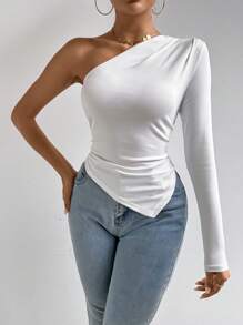 Chiquease Của phụ nữ Một  vai Tay áo dài Viền không đối xứng Áo thun - trắng - Xem 4