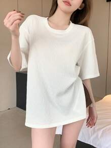 DAZY Women's Round Neck Drop Shoulder Short Sleeve T-Shirt - White - View 1