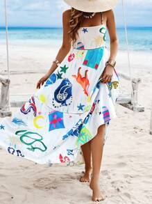 SHEIN Holidaya Seabed Animal Print Spaghetti Strap Dress Maxi Women Outfit - White - View 5