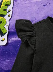 TEENAGE MUTANT NINJA TURTLES | SHEIN Baby Girl Cartoon Turtle Print Long Sleeve Dress With Bow Decoration - Black - View 5