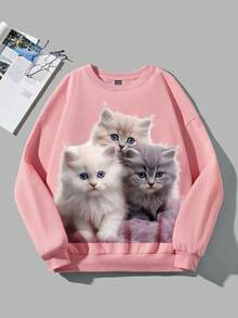 SHEIN LUNE Women's Casual Casual Fit Cat Print Round Neck Long Sleeve Sweatshirt - Baby Pink - View 3