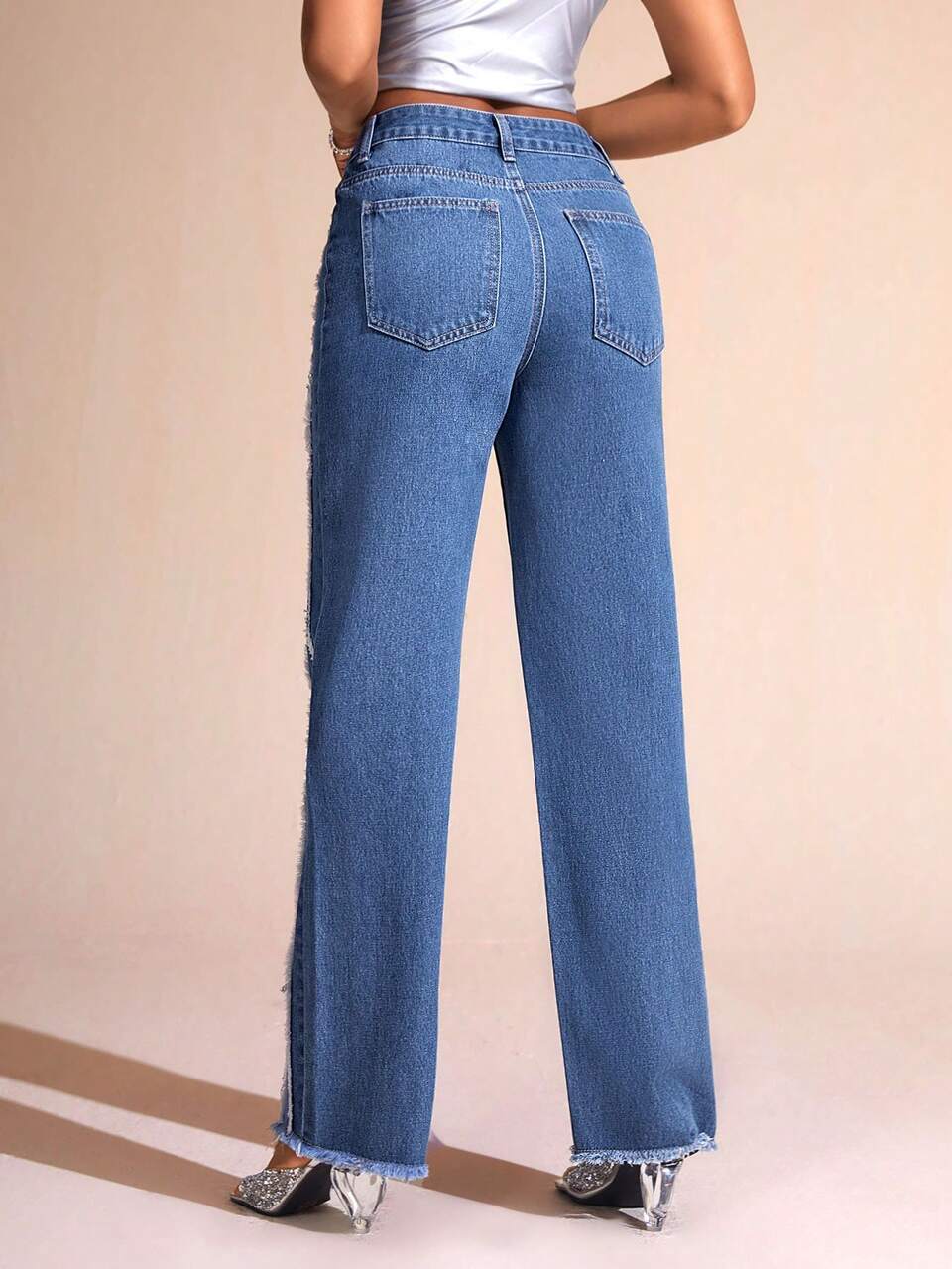 Ladies' Straight Leg Jeans With Frayed Patchwork