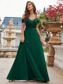 UNITHORSE Cold Shoulder Chiffon Bridesmaid Dress Elegant Dress - Dark Green - View 8