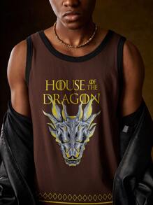 HOUSE OF THE DRAGON X SHEIN Nam Đầu rồng & Lá thư In Áo ba lỗ - Cà phê nâu - Xem 4