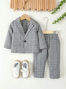 嬰兒男寶格裝套裝,包括西裝外套和長褲,適用於演講、表演、生日派對、正式場合 - 灰色 - 查看 4