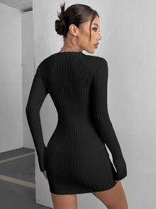 SHEIN Essnce Women's Plain Ribbed Knit Slim Fit Sweater Dress - Black - View 2