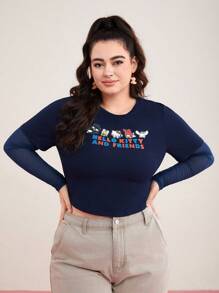 HELLO KITTY AND FRIENDS | SHEIN 卡通標語印花2合1上衣（大尺碼） - 藏蓝色 - 查看 8