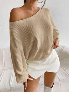 SHEIN Essnce 女士不對稱領口蝙蝠袖毛衣 - 卡其色 - 查看 4