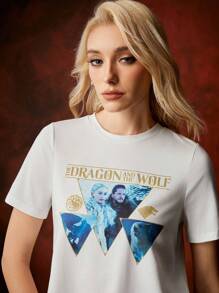 Game of Thrones X SHEIN Crew Neck Short Sleeve Print T-Shirt - White - View 6