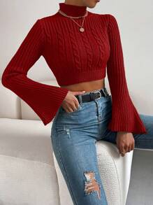 EURMUSE Women's Bell Sleeves Sweater - Burgundy - View 3