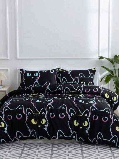 3 件套卡通猫渐变线全尺寸床上用品套装，适合所有季节，包括 1 个羽绒被套和 2 个枕套，黑色，适合房间装饰、旅行和宿舍（男孩/女孩）