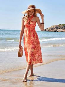 GENKIRA Women's Hollow Out Perse Polka Dot Printed Halter Neck Dress - Multicolor - View 1
