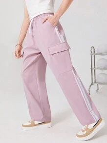 SHEIN 青少年男孩粉紅色縫線搭配工人口袋直筒褲 - 粉色 - 查看 1