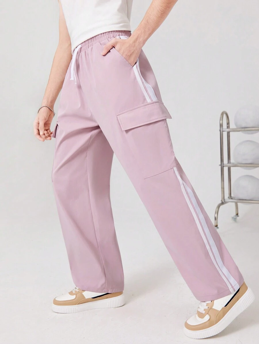 SHEIN 青少年男孩粉紅色縫線搭配工人口袋直筒褲 - 粉色 - 查看 1