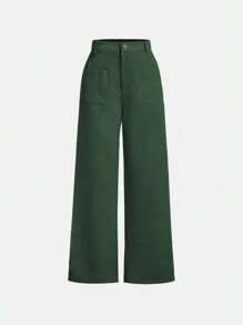 SHEIN Tween Girls' Fashionable Solid Color Woven Straight Wide Leg Pants For Casual Street Style - Green - View 1