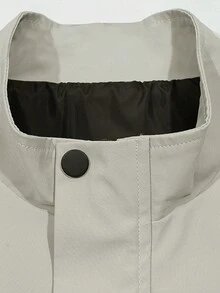 Men's Casual Jacket With Letter Print, Stylish Stand Collar Korean Version Outerwear - Khaki - View 3