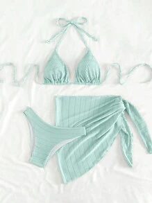 Swim Mod Summer Beach Solid Color Two-Piece Bikini Set - Green - View 3