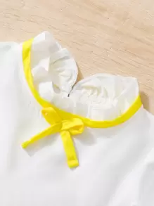 Young Girl Cap Sleeves Two-Tone Pleated Hem Dress - Yellow - View 4