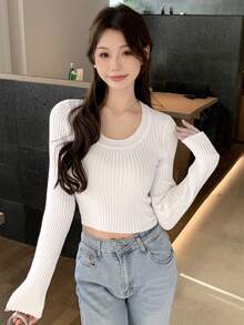 DAZY Women's Round Neck Long Sleeve Sweater Fall - White - View 5