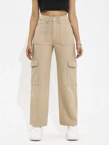 SHEIN PETITE Solid Color Straight Leg Denim Jeans With Cargo Style - Khaki - View 6