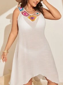 SHEIN Swim Curve Rozmiar Plus Damski Kwiatowy wzór Przezroczysta siatka Narzuta-sukienka - Biały - Zobacz 6