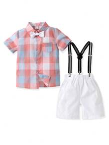 SHEIN Chàng trai trẻ Quý ông Phong cách Buổi tiệc Bộ : Đầy màu sắc Kẻ sọc Ngắn tay Áo sơ mi Và Quần short , Mềm mại Và Thoải mái , Mùa xuân/Mùa hè - Nhiều màu - Xem 6