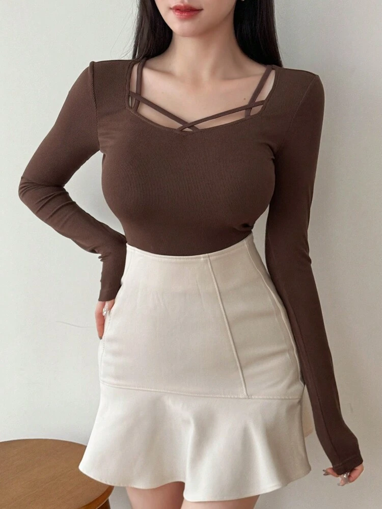 Women's Hollow Out Design Ribbed T-Shirt Long Sleeve Women Tops