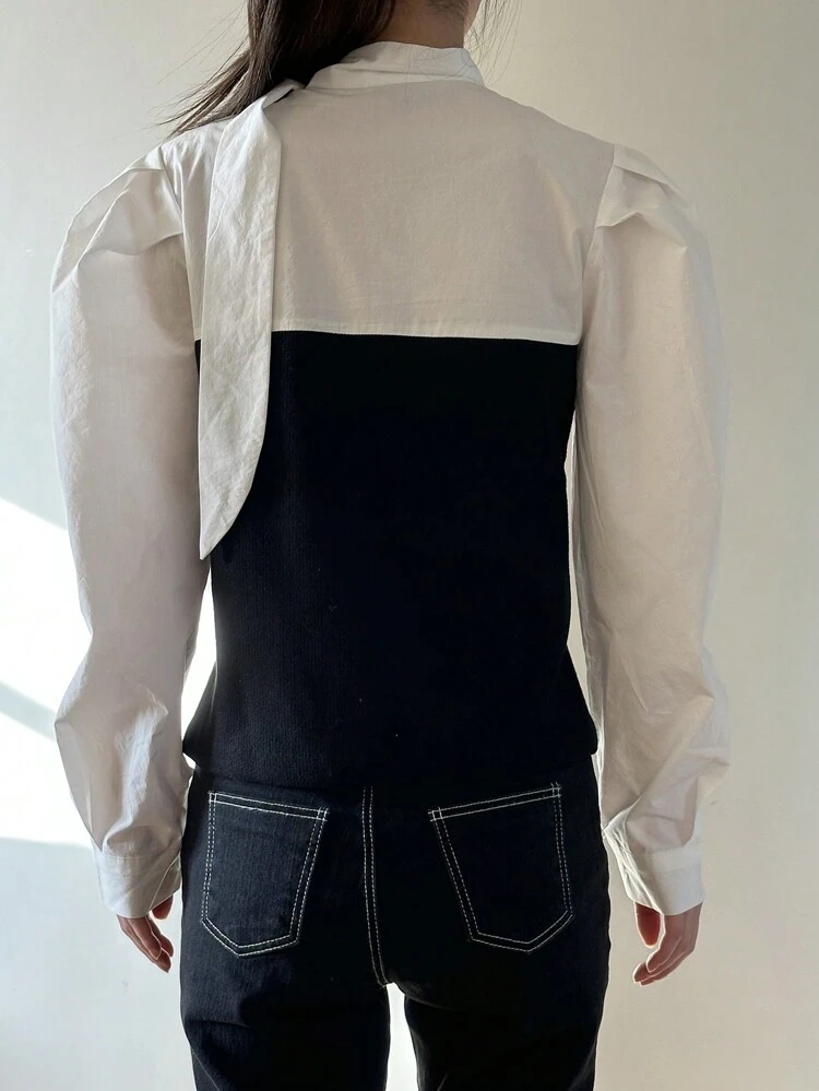 Women's Colorblock Bow Tie Neck Blouse With Leg-Of-Mutton Sleeves,Ruffle Long Sleeve Women Tops