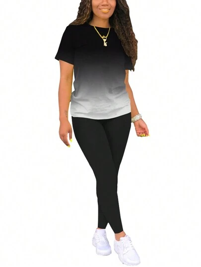 渐变印花短袖上衣和纯色长裤套装 黑色 夏季