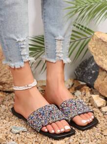Women Rhinestone Decor Toe Ring Flat Sandals, Glamorous Party Slide Sandals - Multicolor - View 5